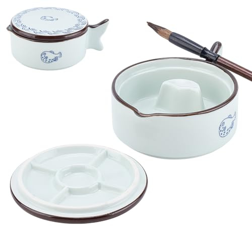 PH PandaHall Porzellan-Tintenschale, Fischform, chinesische Kalligraphie, Tintenfass-Schale, Keramik-Tintenplatte mit Pinselhalter, Multifunktionsschale für Kalligraphie, chinesische japanische Praxis