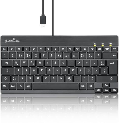 Perixx PERIBOARD-426C Kabelgebundene Mini-Tastatur mit niedrigem Profil, Kompaktes Design, 1,5 m USB-C-Kabel, Deutsches QWERTZ-Layout