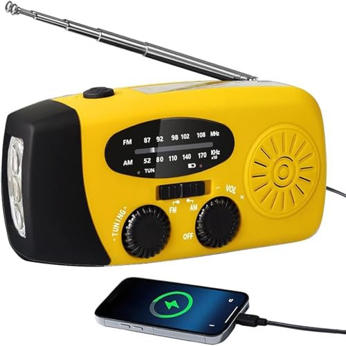 Vtizikl Solar Radio, Wind Up AM/FM/WB Radio, Portable Hand Crank Radio, Emergency Radio with Torch, 2000mah Rechargeable Power Bank for Phone Charging, Camping, Outdoor (Yellow)