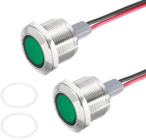 PATIKIL 2Pcs 19mm(3/4) Indicator Light,12V-24V AC/DC 20mA LED Metal Signal Lamp Waterproof IP67 Flat Head Signal Lights with 205mm(8) Cable for Boat Car,Green