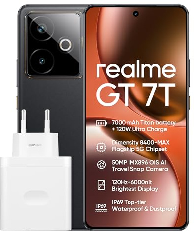 realme GT 7T Smartphone 12+256 GB, Procesador Dimensity 8400-MAX, Batería Titan de 7000mAh, Ultracarga de 120W, Refrigeración novedosa de 360º, Pantalla Pro-Esports de 6000 nits, IP69, Negro