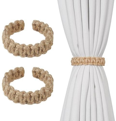 2 Stück Gardinen Raffhalter,Leinen Boho Raffhalter für Gardinen in Braun | 2 Stück,Braune Kordeloptik,Dekorativer Boho-Stil,Boho Gardinen Kordel,Zum Bündeln von Vorhängen und Gardinen