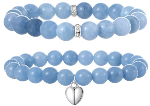 Shimmeroo 2PCS Blue Natural Stone Bead Bracelet, 8.5mm Crystal Bracelet Set for Stress Relief & Good Luck, Gift for Women Wife Sister Friend Birthday Valentine's Day