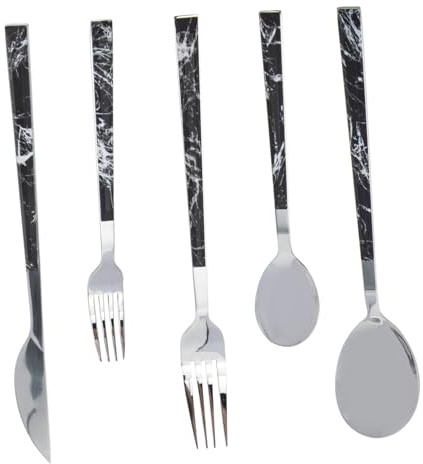 Hemobllo Ensemble de Couverts Portable et Multifonctionnel 5 Pièces en Acier Inoxydable Manche Noir Effet Marbre pour Hôtels et Restaurants