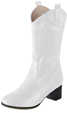 Dam halvvad cowboystövlar - spetsig tå västerländsk ankelstövlar vardag mode kilar slip-on skor varma bruna cowboyskor för kvinnor, Vitt, 43 EU