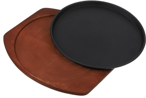 GARVALON Placa de Hierro Fundido para Carne con Base de Madera Sartén para Bistec Resistente y Fácil de Limpiar para Barbacoa y Cocina Doméstica