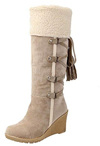 Vinterstövlar dam svarta höga – vinterstövlar dam beige halvstövlar varma snörstövlar eleganta skor bekväma damskor kilklack stövlar fransar stövlar varma knästövlar höga vinterskor, Beige, 42 EU