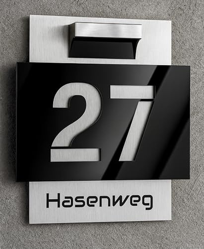 Premium Hausnummer | individuell anpassbar | Aluverbund silber gebürstet und Acrylglas Schwarz Hochglanz/Matt | 3D Effekt | Wahlheise mit Solar LED | Wetterfest - Made in Germany - H1009_27