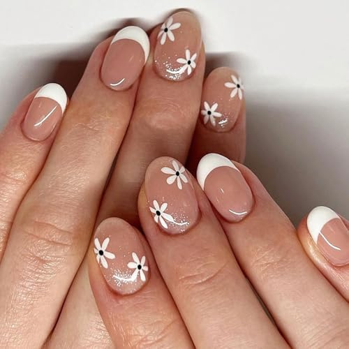 Unghie artificiali facili da usare Fiore Glitter Stili francesi Unghie finte per uso quotidiano Miglioramenti delle dita sicure Dolci Floreali Unghie finte Design Bianco