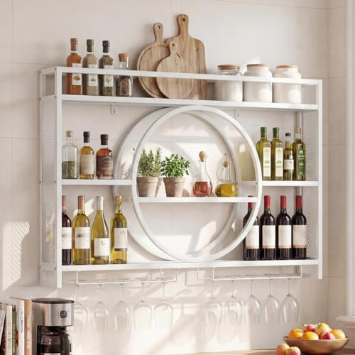 TANGZON Wall Mounted Wine Rack, 5-Tier Metal Wine Bottle Display Shelf with 2-Row Glass Holder, Liquor Storage Organizer for Home Bar Cellar Kitchen Dining Living Room (White)