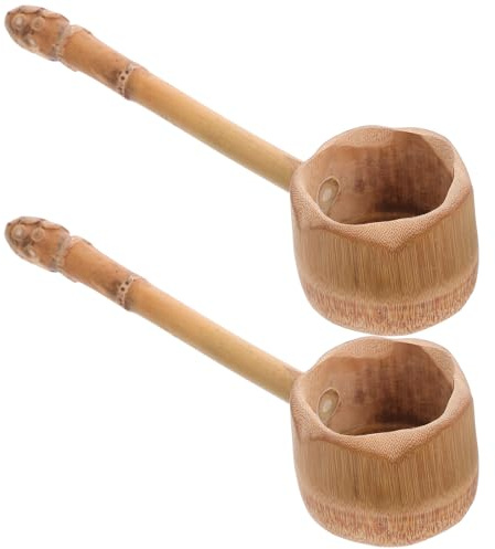 PRETYZOOM 2 Piezas Cucharón de Bambú para Agua Mango Largo, Cuchara para Sopa y Bebida, Pala Japonesa Multifuncional para Cocina y Baño, Material Natural Resistente, Fácil de Limpiar, Uso