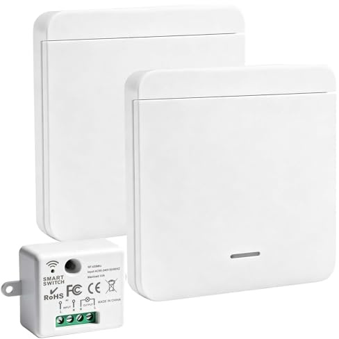 Interruptor Luz Inalámbrico 220V con 2 Interruptor y 1 Receptor 10A | 433MHz Kit de Interruptores de Luces Inalámbricas para Lámpara de Hasta 1500W, Control Remoto Alcance de 50M