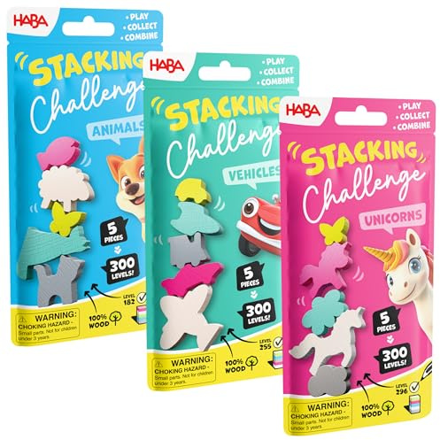 HABA Stacking Challenge 3er-Bundle: Vehicles, Einhorn & Animals – Das ultimative Stapel-Set mit je 300 Levels, kompaktes Geschicklichkeitsspiel ab 6 Jahren, ideales Reisespiel