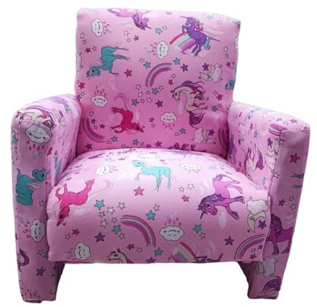Poltroncina per Bambini in Legno Ultra Resistente, Poltrona Imbottita con Seduta Morbida Maxi, Design Colorato per Cameretta, Robusta e Confortevole - Dimensioni 50x37x52 cm (Unicorni)