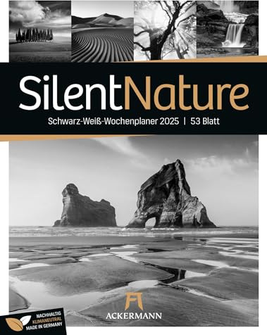 Silent Nature, Schwarz-weiß-Kalender 2025, Wochenkalender im Hochformat mit Rätsel und Sudokus (25x33 cm) - Natur- und Landschaftskalender