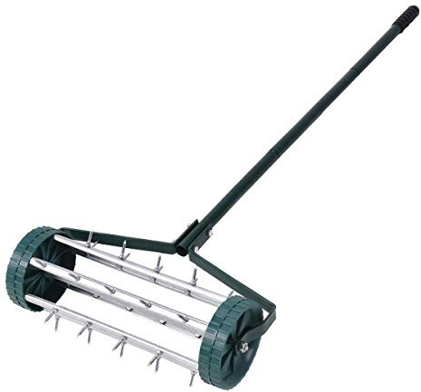 Goplus Rolling Lawn Aerator, 18-Inch Garden Yard Rotary Push Tine Heavy Duty Spike Soil Aeration, Manual Lawn Aeration Tool w/ 41-Inch Handle (Silver)