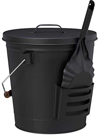 relaxdays Coperchio, Acciaio, Secchio per Carbone con Manico, 19 l, Paletta per Cenere, Camino e Grill, Nero Raccogli, Impugnatura, 47.5 x 38 x 33 cm