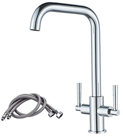 Luckyhome Kitchen Mixer Taps,Monobloc Dual Lever Chrome Brass Kitchen Sink Tap Faucet