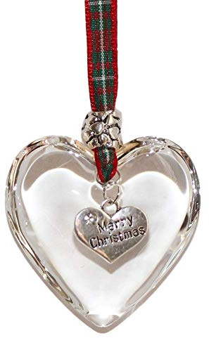 Merry Christmas Glass Hanging Heart with Macgregor Tartan Ribbon Tree Decoration