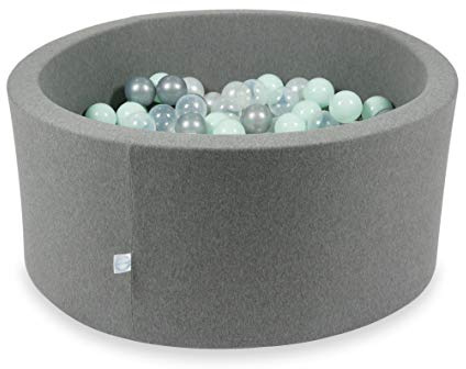 Mimii Bällebad für Kinder 90 x 40 cm mit 300 Bällen - Indoor Baby ab 1 Jahr Bällepool Ballgruben Spielzeug für Kleinkinder - Grau: Transparent/Perlmutt/Silber/Hellmint