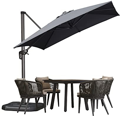 PURPLE LEAF Sonnenschirm 250 x 250 cm Groß Ampelschirm mit Kurbel 360-Grad Drehbar mit Fußpedal und Kreuzsockel für Terrasse, Balkon Sonnenschutz, Grau