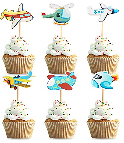 Blumomon 24 Pack Airplane Aircraft Plane Cupcake Toppers Baby Shower Kids Birthday Party Favors Supplies Decoration Airplane Food Picks for Airplane Themed Party Baby Shower Supplies