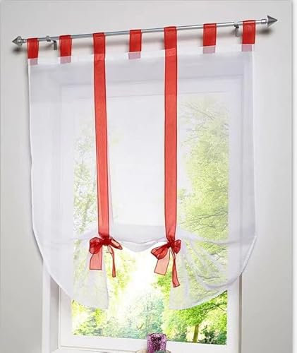 Devola Raffrollo Transparente Voile Raffgardinen mit Schlaufen Cafe Gardine Moderne Rollo Küchengardine Privatsphäre Fenstervorhang BxH 60x140cm Rot 1er Pack