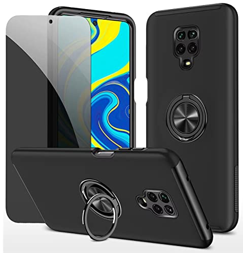Dechyi Privacidad Funda para Redmi Note 9 Pro/Redmi Note 9s Carcasa con Anti Espía Vidrio Templado de Privacidad con Soporte de Anillo- Negro