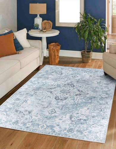 Livabliss Perth Teppich waschbar in der Waschmaschine - Vintage Oriental Boho Style Teppich, 200x275 cm, Blau und Creme