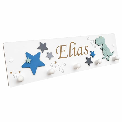 Kindergarderobe aus Holz personalisiert mit Name – Garderobenleiste Kinderzimmer mit Dinosaurier Motiv – Wandgarderobe mit 4 oder 5 Haken – Geburt Taufe Geschenk – für Jungen – Lasergravur