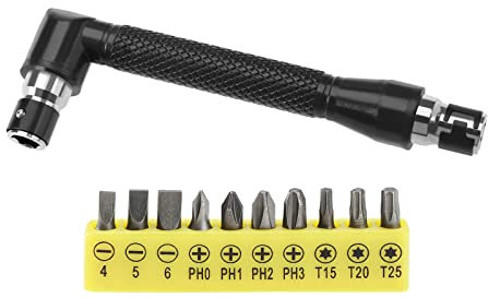 Clé à Douille en Forme de L Poignée d'extension à Double Tête Clé de Tournevis avec 10pcs Divers Embouts de Tournevis Coudés Outil Utilitaire à Tige Hexagonale de 1/4 pouce