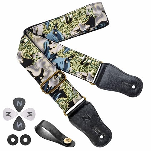 Nefelibata Japanischer Baumwollgitarrengurt für Akustikgitarre, Ukulele, kostenloser Kopfplattengurt-Adapter mit Schnalle, Gitarrenplektren und Gurtschloss