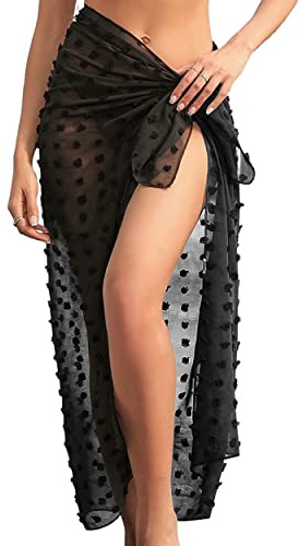 Jupe Sarong Paréo Long Wrap de Plage de Femme Chiffon Robe de Plage pour Bikini Maillot de Bain Vacances Noir Translucide