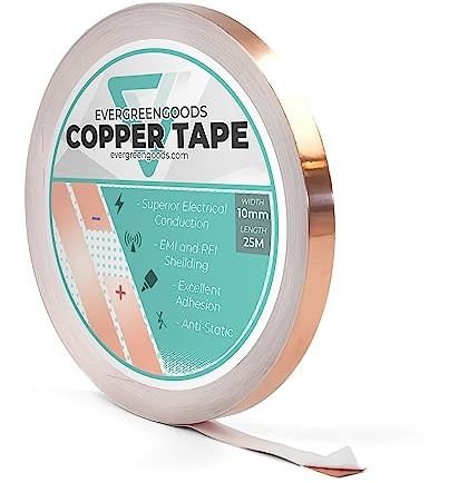 Evergreen Goods Ruban adhésif en cuivre (10 mm x 25 m) 5 tailles – Adhésif conducteur pour circuits, blindage EMI, réparations de guitare et électrique, mise à la terre – 1 rouleau