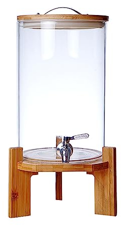 WYJRO Dispensador De Bebidas De Cristal,Dispensador De Bebidas De Vidrio Botella con Grifo Soporte Y Tapa De Madera para Bebida Caliente O Fría - Garrafa De Agua,Faucet+Base,7.5L