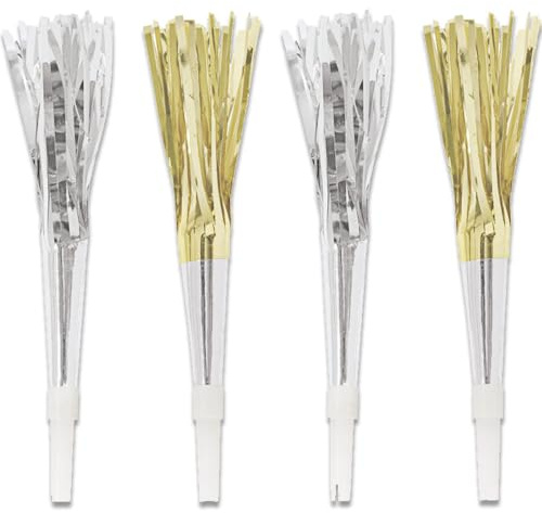 Unique Elegant Silver & Gold Foil Party Horns - 4 Count | Celebration Noisemakers for Festive Occasions and Events