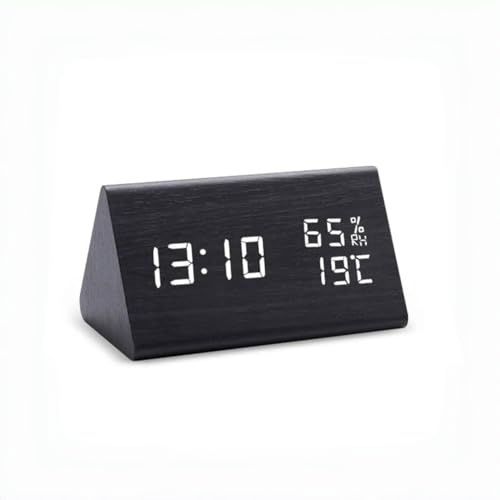 ThreeH Digitaler Wecker für Nachttisch Elektrische Uhr aus Holz Feuchtigkeits und Temperaturerkennung Dimmbar 3 Alarmeinstellungen Schwarz_Weiß