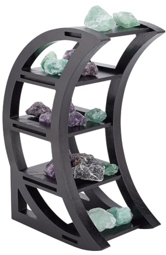 INFUNLY Schwarzes Halbmond-Regal aus Kiefernholz, Kristall-Stone, Öl, kleine Pflanze und Kunst-Dekoration, Gothic Hexe