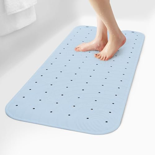 SelfSuite Extra lange Gummi-Badewannenmatte, rutschfeste Duschwannenmatte, 99 x 40,6 cm, Badewannenbodenmatte mit Saugnäpfen und Ablauflöchern, Hellblau