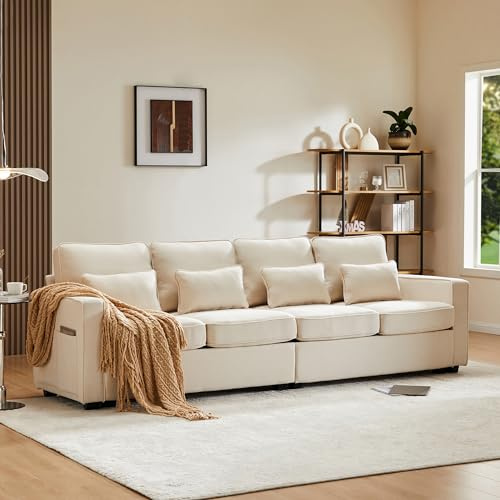 Sapgaks Canapé Moderne 4 Places en Tissu Lin avec Poches d'accoudoir et 4 Coussins, Style Simple adapté au Salon, Appartement, Bureau, Beige