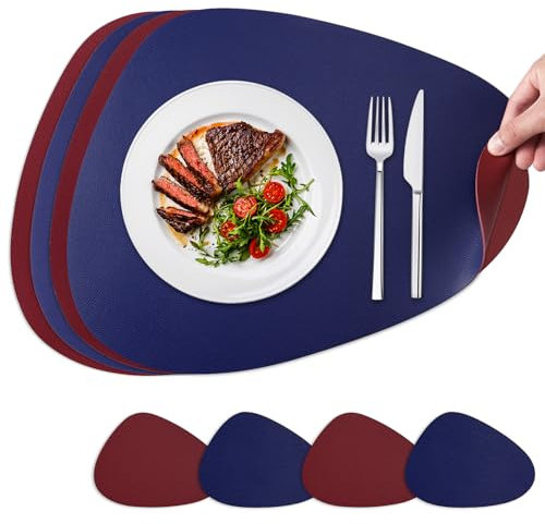 NOSTHEART 4er Set Abwaschbare Tischsets & Untersetzer, Runde Leder Platzsets, Hitzebeständig & rutschfest, Doppelseitig - Königsblau & Rot
