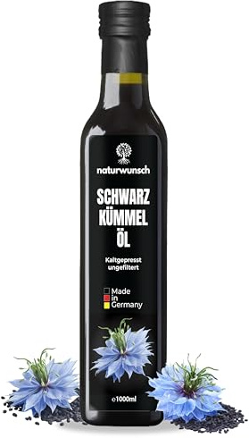 naturwunsch Huile de nigelle 1000 ml, non filtrée, pressée à froid, fraîchement fabriquée en Allemagne – Graines égyptiennes de Nigella sativa