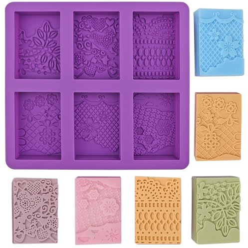 EDUEE Molde de jabón de silicona con 6 cavidades, moldes rectangulares de jabón de flores para manualidades caseras, loción, jabón, barra, molde para pasteles, cubitos de hielo (tamaño 3.15 x 2.16