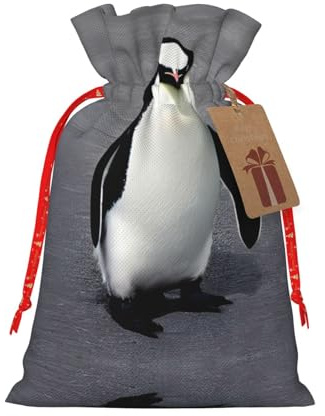 HJLUUFT Jutebeutel mit süßem Pinguin-Druck, Weihnachtsgeschenktasche mit Kordelzug und Geschenkanhänger, für Hochzeit, Weihnachten, Party
