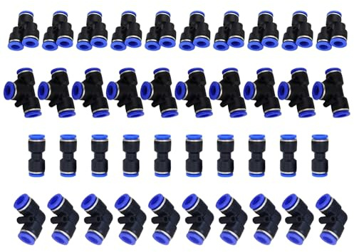 HAXIHA 40 Pièces 1/4 Connecteur Pneumatique, OD 6mm Raccord Rapide Air Comprimé,10 Straight 10 Coudes 10 Té 10 Séparateurs Bleu
