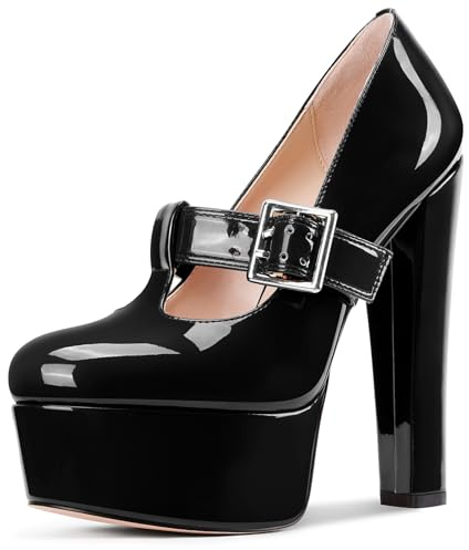 Aachcol Womens Platform Mary Jane Pumps Chunky Block T-Strap High Heels Round Toe Prom Dress Shoes 5.9 Inches Heels