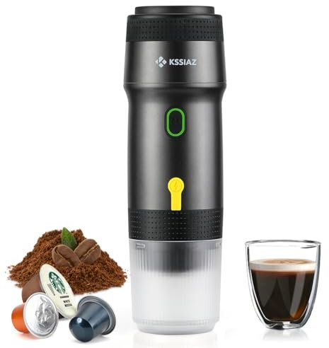Kssiaz Cafetera Espresso Portátil, Máquina de Café Eléctrica con Autocalentamiento, USB y Cargador de Coche, Mini Cafetera con Cápsula NS y Café Molido para Camping, Senderismo, Oficina, Negro