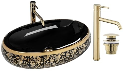 GTM Design Aufsatzwaschbecken Glanz Set mit Waschtischbatterie und Stopfen - Aufsatzwaschbecken Oval für Badezimmer - Modern Waschbecken ohne Hahnloch - Waschbecken mit Armature - Modell 6