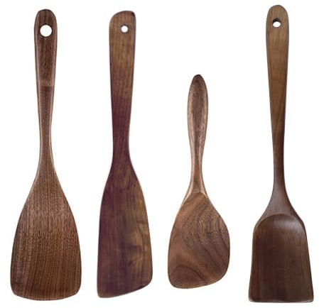 UPTALY Lot de 4 ustensiles de cuisine en bois (C5), cuillères en noyer noir naturel, louche épaisse, spatule ajourée en bois, cuillère à mélanger extra longue, grattoir