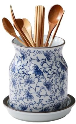 Ceramic Utensil Holder, Blue and White Utensil Crock, Kitchen Storage